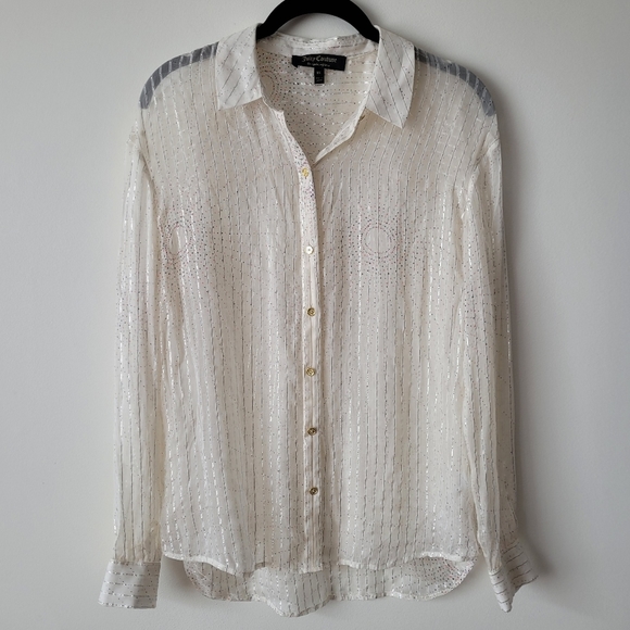Juicy Couture Silk Button Down Shirt Sheer w Metallic Fiber Pinstripes XS - Picture 2 of 13